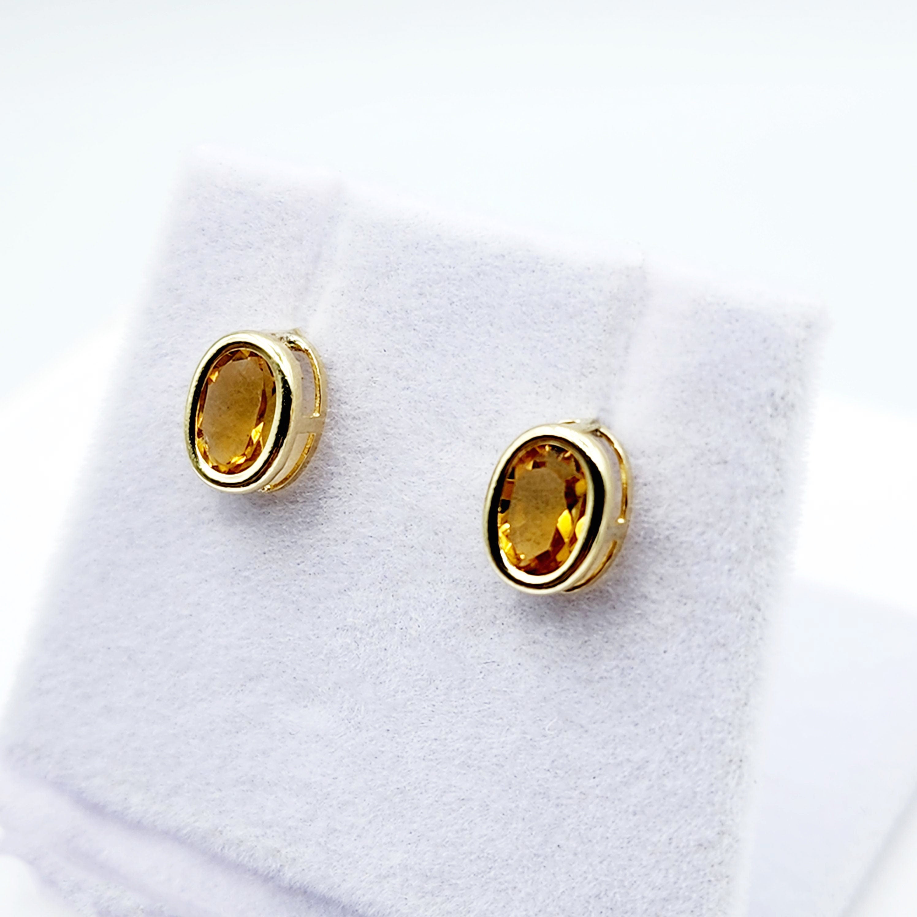 Gold Citrine Bezel Stud Earrings, 14K Yellow Gold Genuine Citrine 8x6mm Earrings, November Birthstone, Yellow Gemstone Earrings For Women