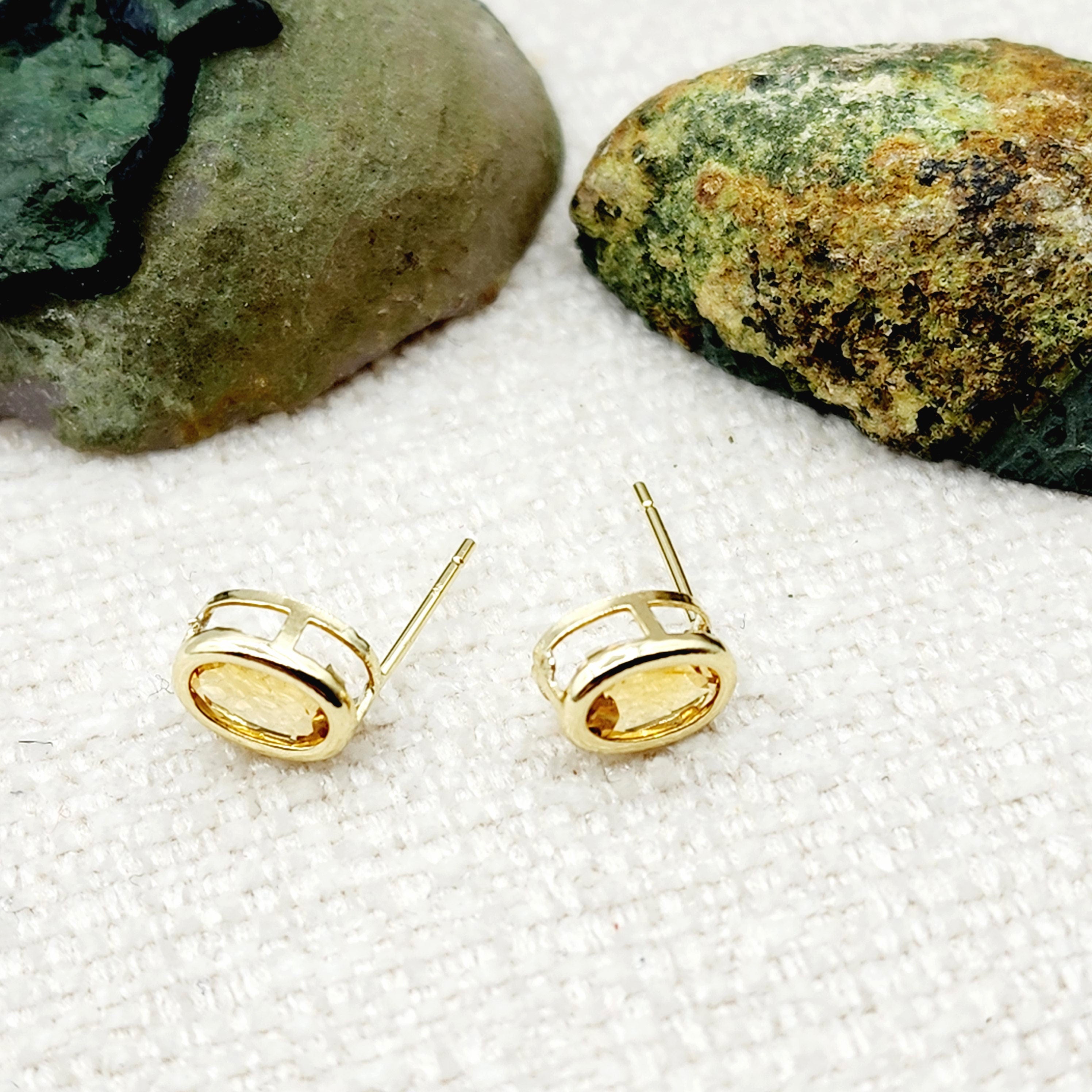 Gold Citrine Bezel Stud Earrings, 14K Yellow Gold Genuine Citrine 8x6mm Earrings, November Birthstone, Yellow Gemstone Earrings For Women