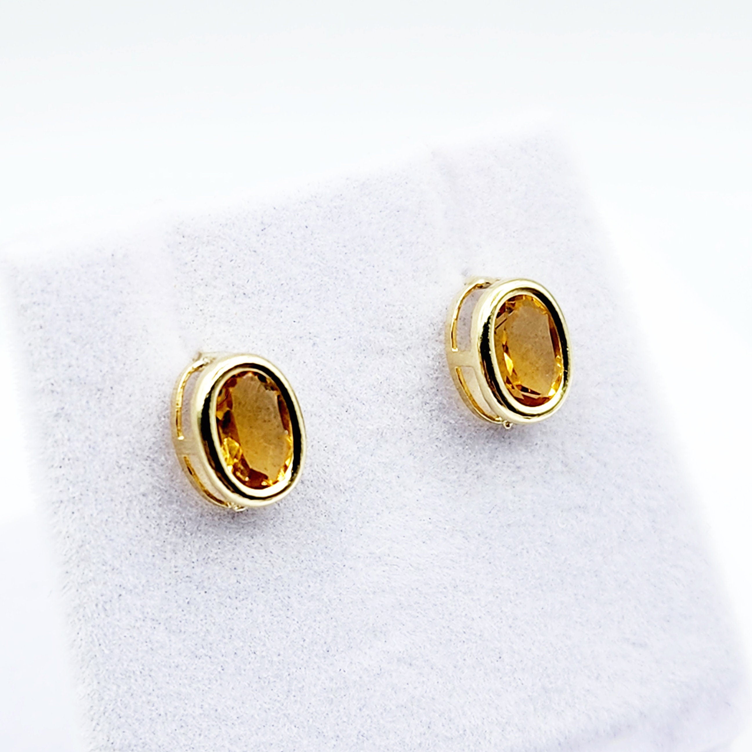 Gold Citrine Bezel Stud Earrings, 14K Yellow Gold Genuine Citrine 8x6mm Earrings, November Birthstone, Yellow Gemstone Earrings For Women