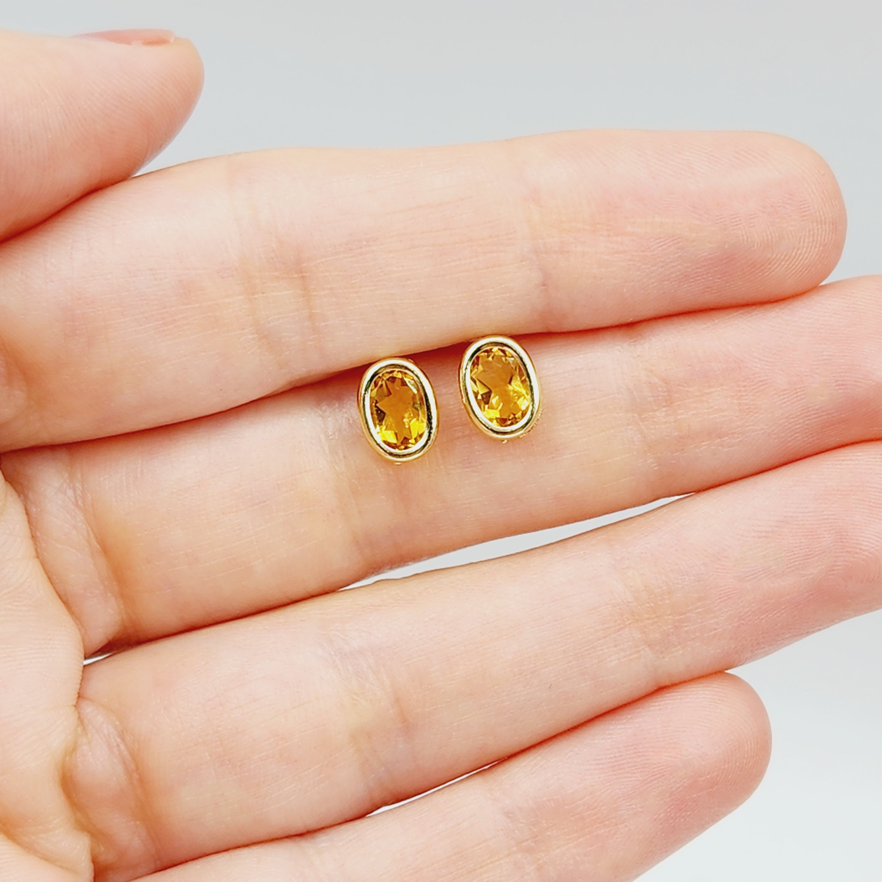 Gold Citrine Bezel Stud Earrings, 14K Yellow Gold Genuine Citrine 8x6mm Earrings, November Birthstone, Yellow Gemstone Earrings For Women