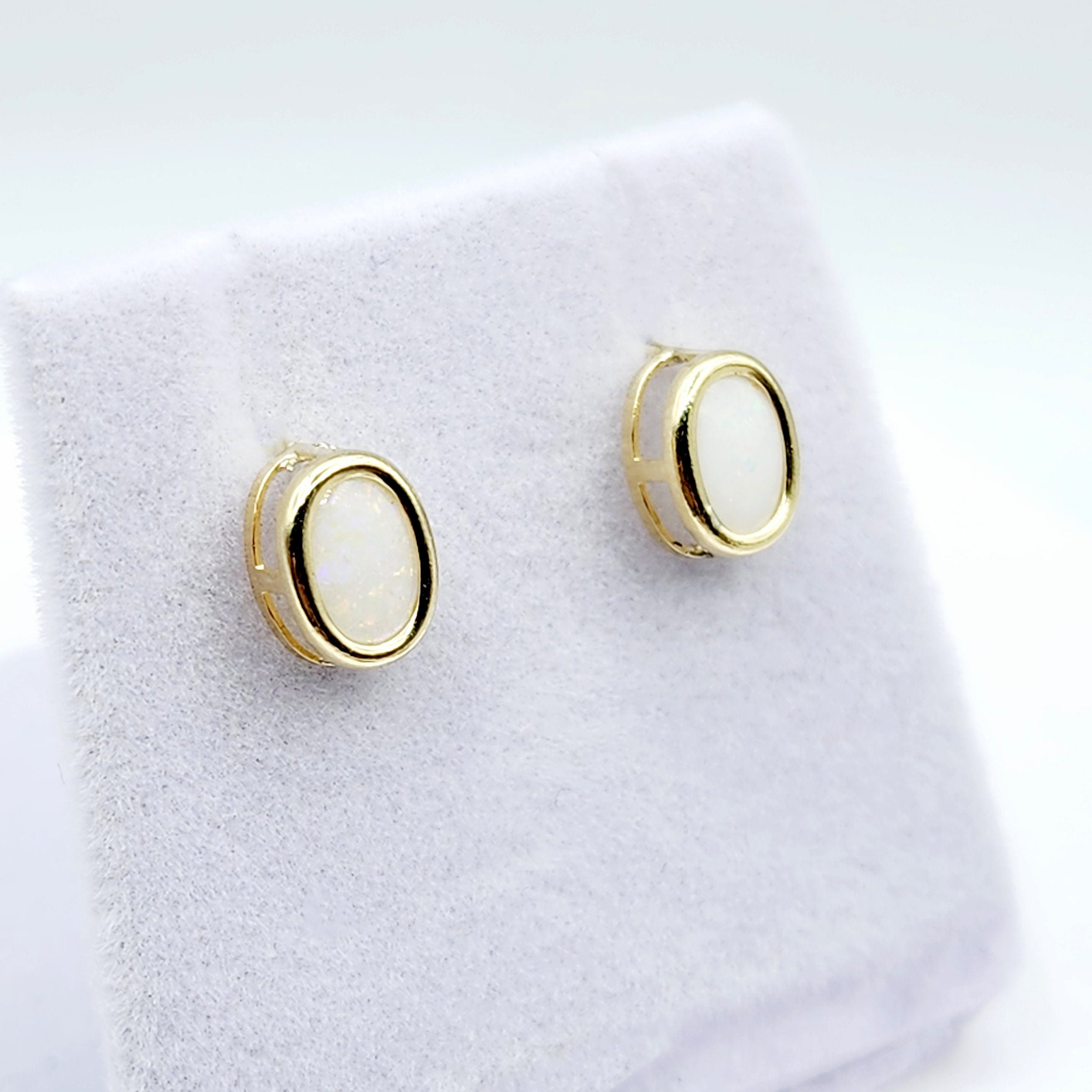 Gold Opal Bezel Stud Earrings, 14K Yellow Gold Genuine Opal 8x6mm Earrings, October Birthstone, White Fire Opal Gemstone Earrings For Women