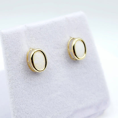 Gold Opal Bezel Stud Earrings, 14K Yellow Gold Genuine Opal 8x6mm Earrings, October Birthstone, White Fire Opal Gemstone Earrings For Women