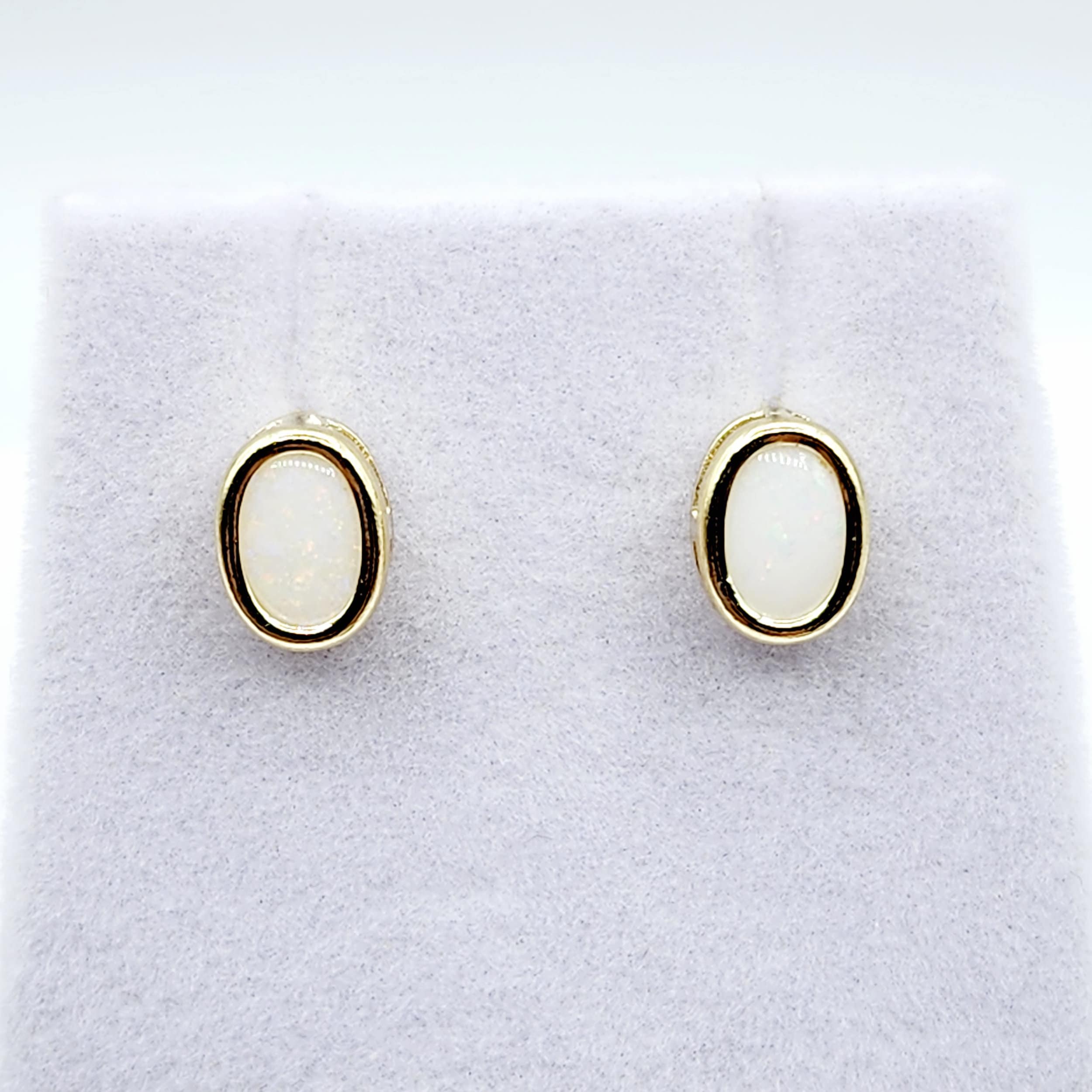Gold Opal Bezel Stud Earrings, 14K Yellow Gold Genuine Opal 8x6mm Earrings, October Birthstone, White Fire Opal Gemstone Earrings For Women