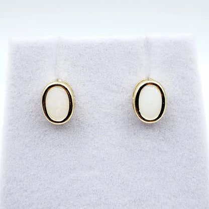 Gold Opal Bezel Stud Earrings, 14K Yellow Gold Genuine Opal 8x6mm Earrings, October Birthstone, White Fire Opal Gemstone Earrings For Women