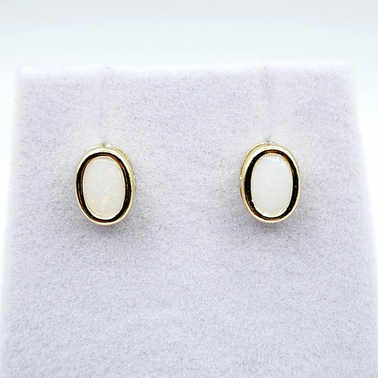 Gold Opal Bezel Stud Earrings, 14K Yellow Gold Genuine Opal 8x6mm Earrings, October Birthstone, White Fire Opal Gemstone Earrings For Women