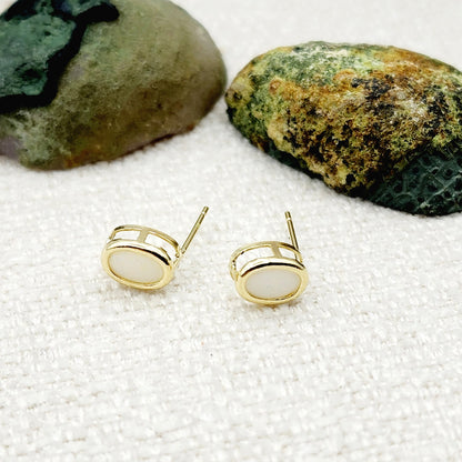 Gold Opal Bezel Stud Earrings, 14K Yellow Gold Genuine Opal 8x6mm Earrings, October Birthstone, White Fire Opal Gemstone Earrings For Women