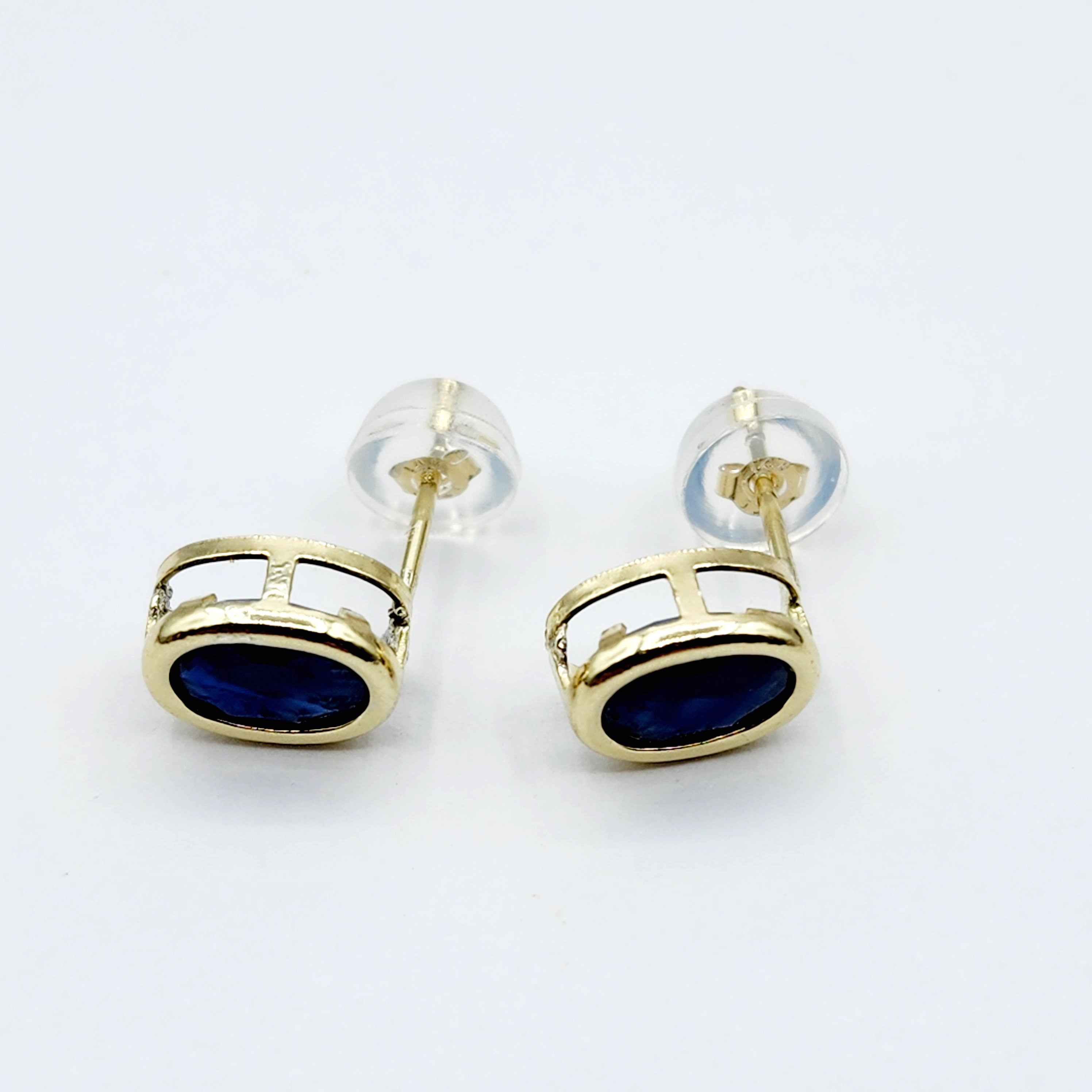 Gold Blue Sapphire Bezel Stud Earrings, 14K Yellow Gold Genuine Sapphire 8x6mm Earrings, September Birthstone, Blue Gem Earrings For Women