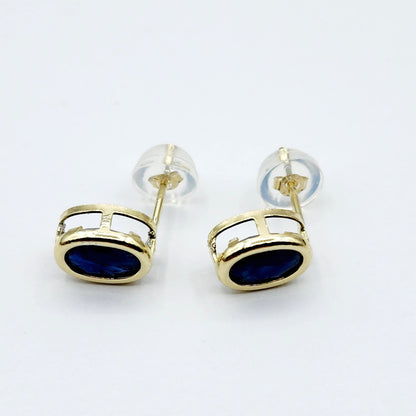 Gold Blue Sapphire Bezel Stud Earrings, 14K Yellow Gold Genuine Sapphire 8x6mm Earrings, September Birthstone, Blue Gem Earrings For Women