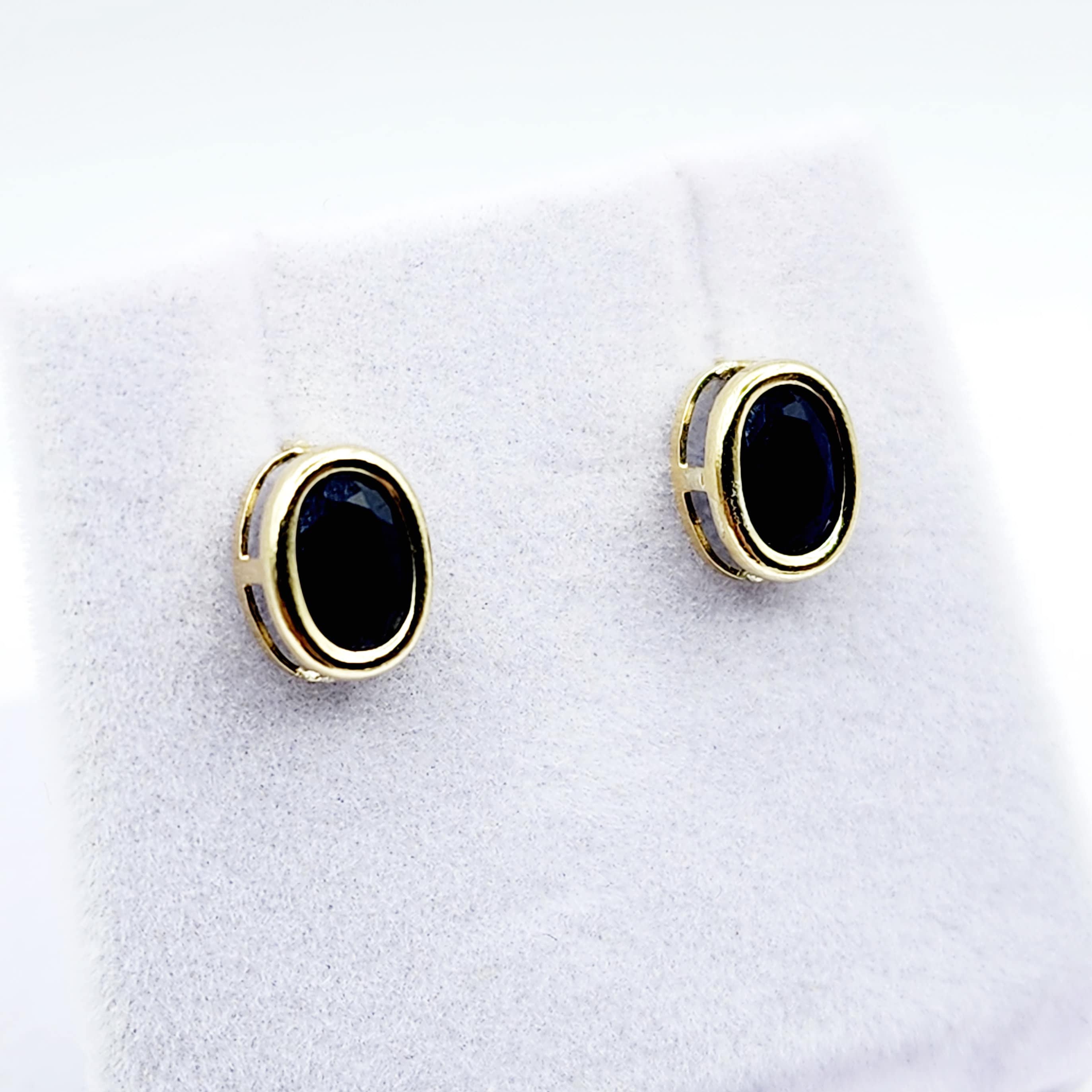 Gold Blue Sapphire Bezel Stud Earrings, 14K Yellow Gold Genuine Sapphire 8x6mm Earrings, September Birthstone, Blue Gem Earrings For Women