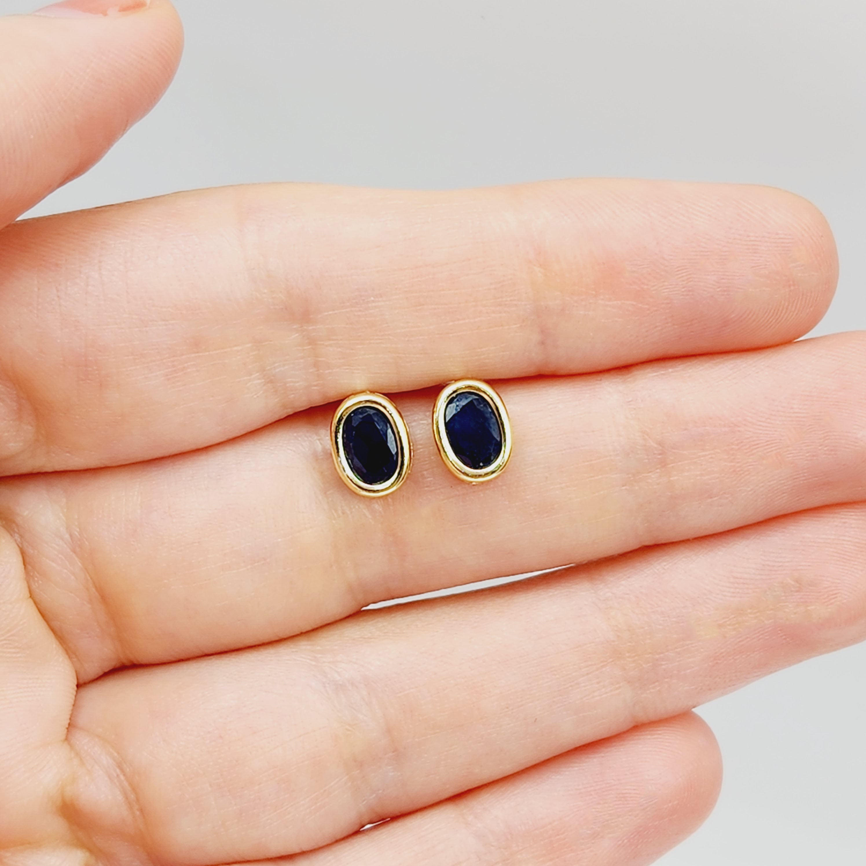 Gold Blue Sapphire Bezel Stud Earrings, 14K Yellow Gold Genuine Sapphire 8x6mm Earrings, September Birthstone, Blue Gem Earrings For Women