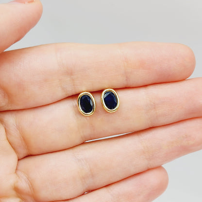 Gold Blue Sapphire Bezel Stud Earrings, 14K Yellow Gold Genuine Sapphire 8x6mm Earrings, September Birthstone, Blue Gem Earrings For Women