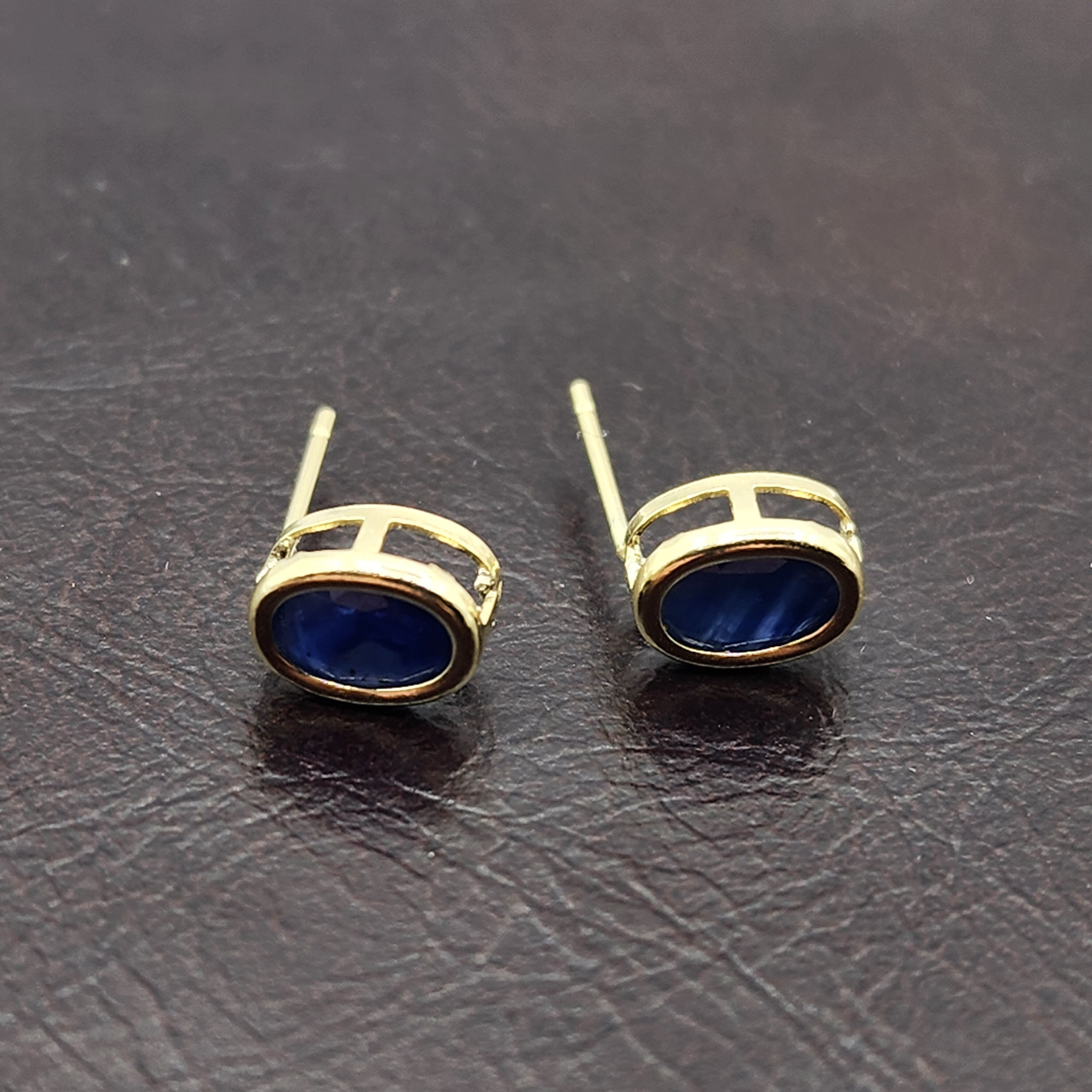 Gold Blue Sapphire Bezel Stud Earrings, 14K Yellow Gold Genuine Sapphire 8x6mm Earrings, September Birthstone, Blue Gem Earrings For Women