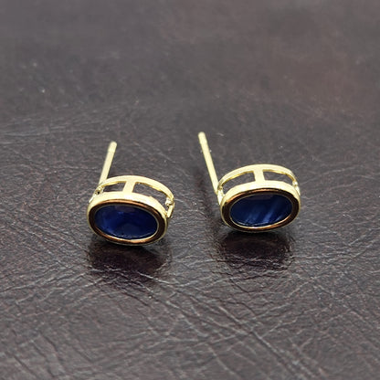 Gold Blue Sapphire Bezel Stud Earrings, 14K Yellow Gold Genuine Sapphire 8x6mm Earrings, September Birthstone, Blue Gem Earrings For Women