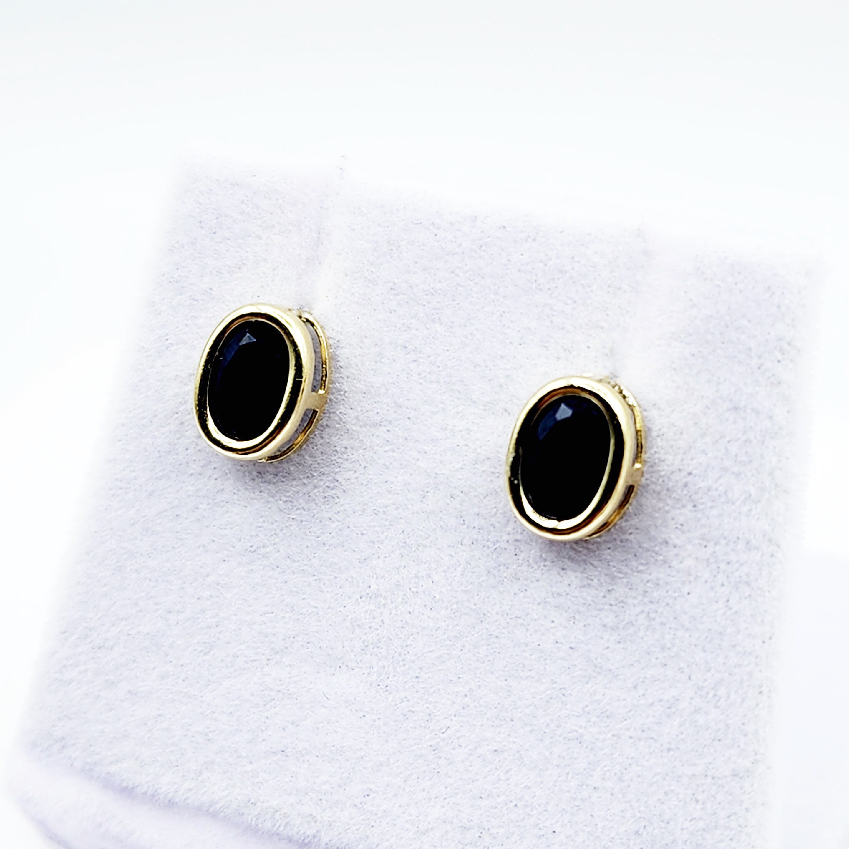 Gold Blue Sapphire Bezel Stud Earrings, 14K Yellow Gold Genuine Sapphire 8x6mm Earrings, September Birthstone, Blue Gem Earrings For Women