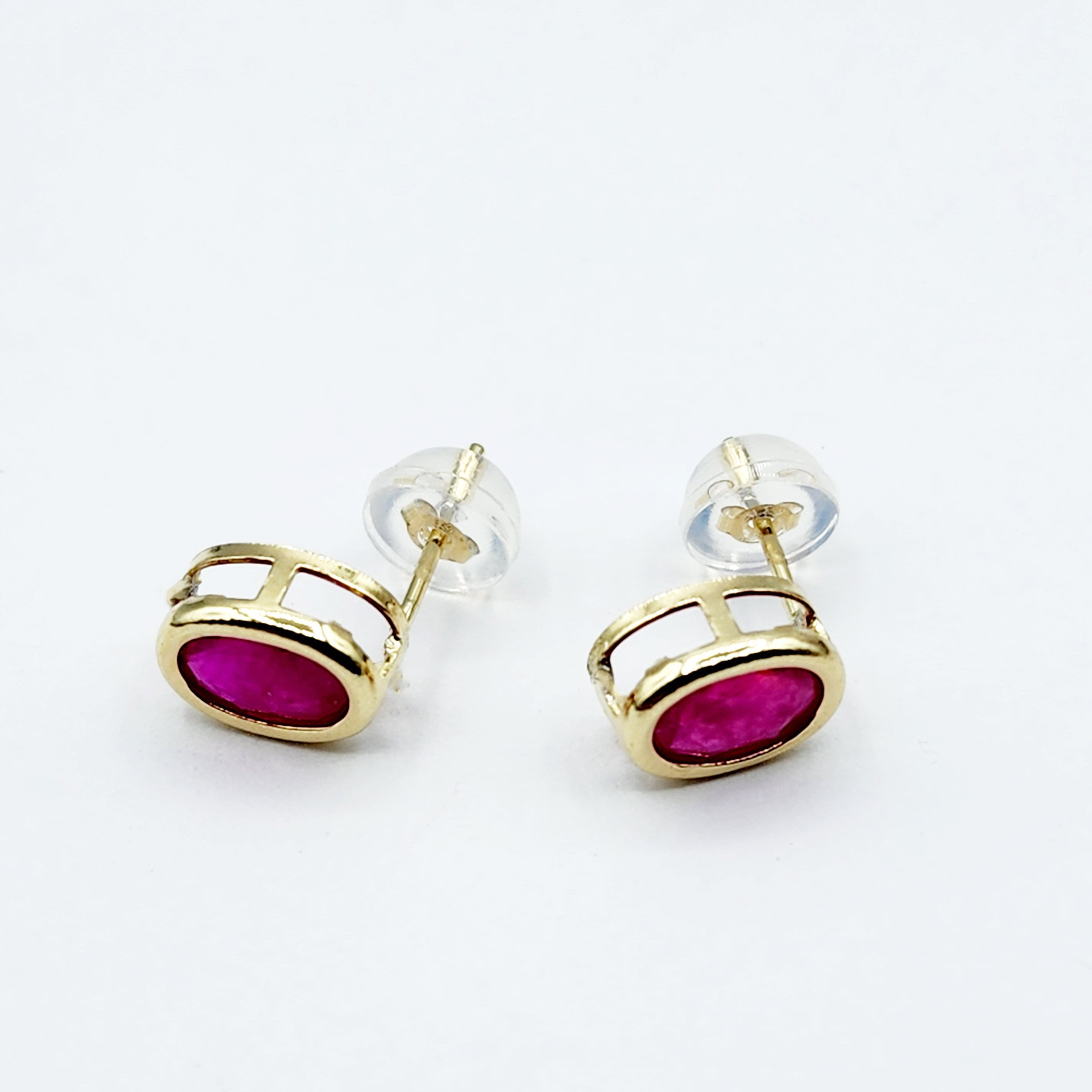 Gold Ruby Bezel Stud Earrings, 14K Yellow Gold Genuine Ruby 8x6mm Earrings, July Birthstone, Red Gemstone Earrings For Women