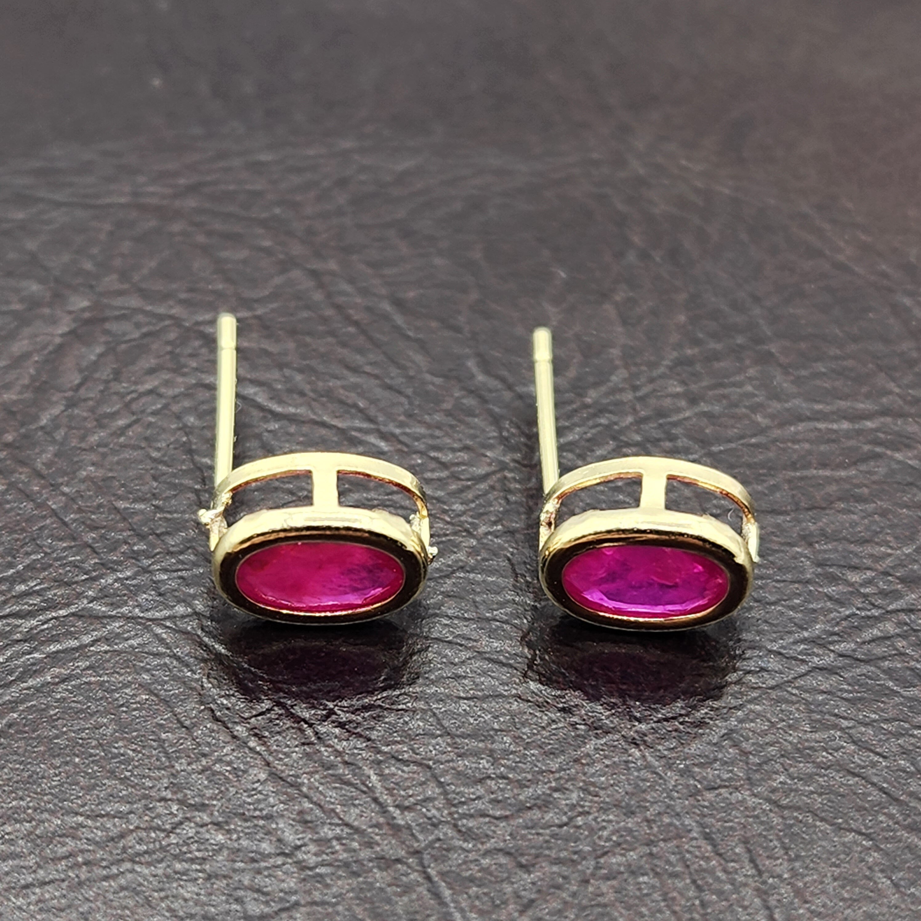Gold Ruby Bezel Stud Earrings, 14K Yellow Gold Genuine Ruby 8x6mm Earrings, July Birthstone, Red Gemstone Earrings For Women
