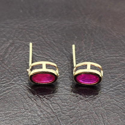 Gold Ruby Bezel Stud Earrings, 14K Yellow Gold Genuine Ruby 8x6mm Earrings, July Birthstone, Red Gemstone Earrings For Women