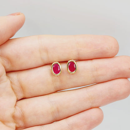 Gold Ruby Bezel Stud Earrings, 14K Yellow Gold Genuine Ruby 8x6mm Earrings, July Birthstone, Red Gemstone Earrings For Women