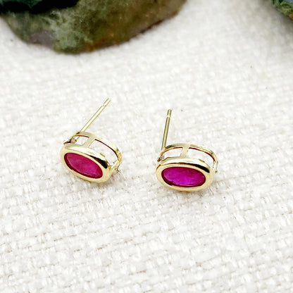 Gold Ruby Bezel Stud Earrings, 14K Yellow Gold Genuine Ruby 8x6mm Earrings, July Birthstone, Red Gemstone Earrings For Women