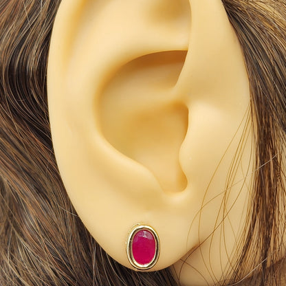 Gold Ruby Bezel Stud Earrings, 14K Yellow Gold Genuine Ruby 8x6mm Earrings, July Birthstone, Red Gemstone Earrings For Women
