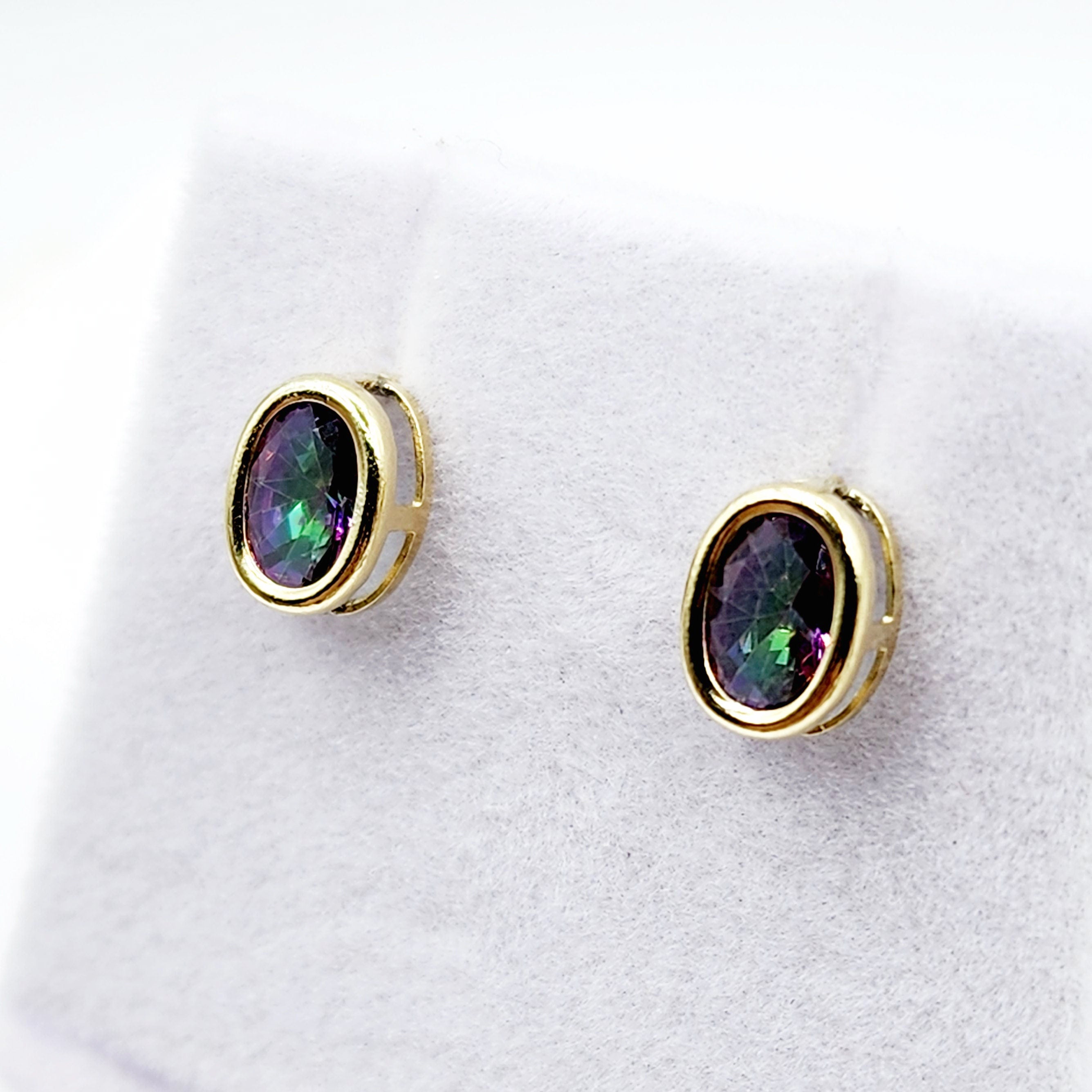 Gold Mystic Topaz Bezel Stud Earrings, 14K Yellow Gold Genuine Mystic Topaz 8x6mm Earrings, Bezel Gemstone Earrings For Women