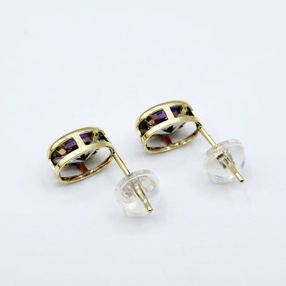 Gold Mystic Topaz Bezel Stud Earrings, 14K Yellow Gold Genuine Mystic Topaz 8x6mm Earrings, Bezel Gemstone Earrings For Women