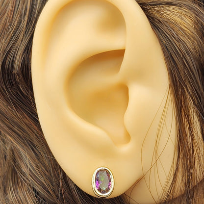 Gold Mystic Topaz Bezel Stud Earrings, 14K Yellow Gold Genuine Mystic Topaz 8x6mm Earrings, Bezel Gemstone Earrings For Women