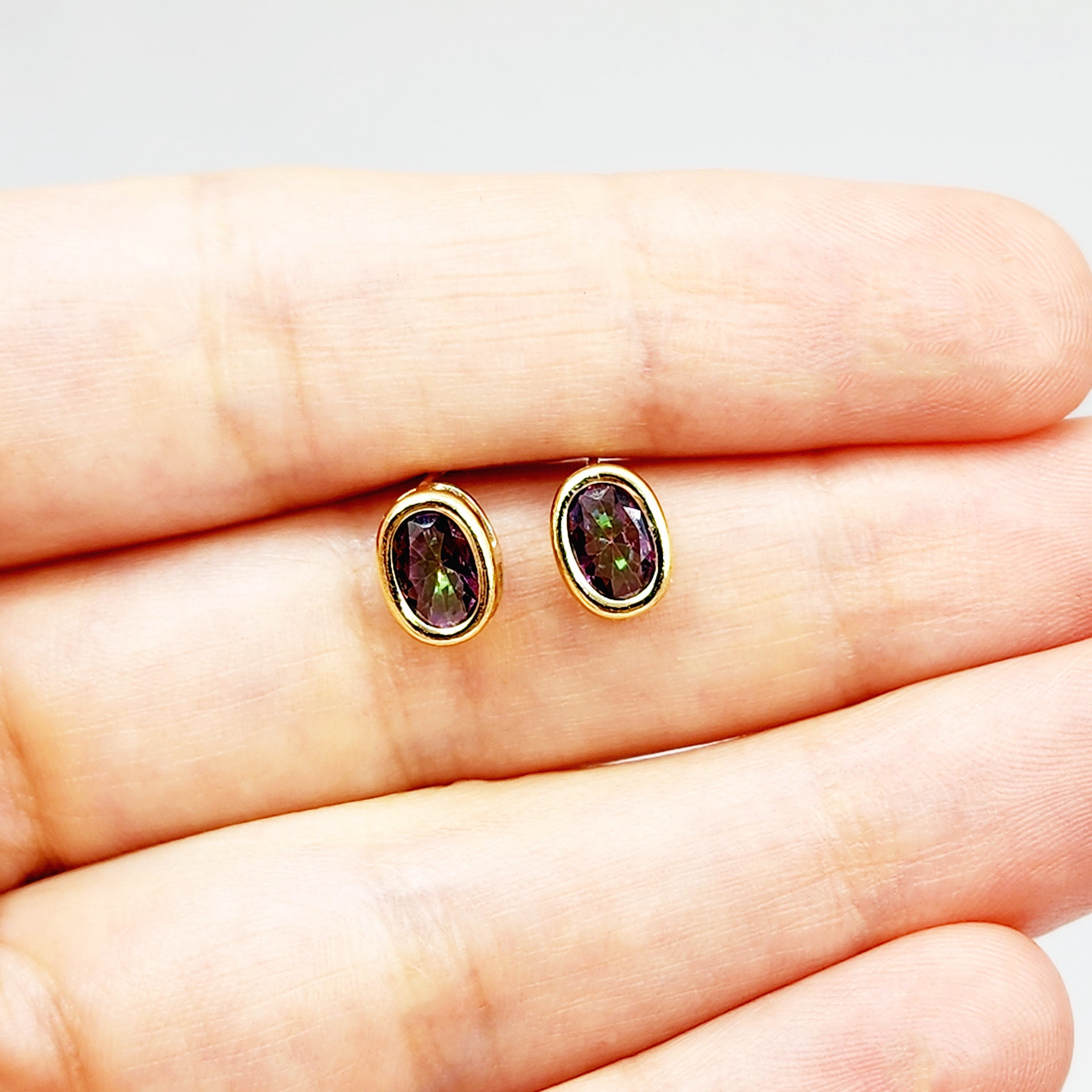 Gold Mystic Topaz Bezel Stud Earrings, 14K Yellow Gold Genuine Mystic Topaz 8x6mm Earrings, Bezel Gemstone Earrings For Women