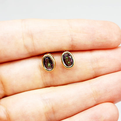 Gold Mystic Topaz Bezel Stud Earrings, 14K Yellow Gold Genuine Mystic Topaz 8x6mm Earrings, Bezel Gemstone Earrings For Women