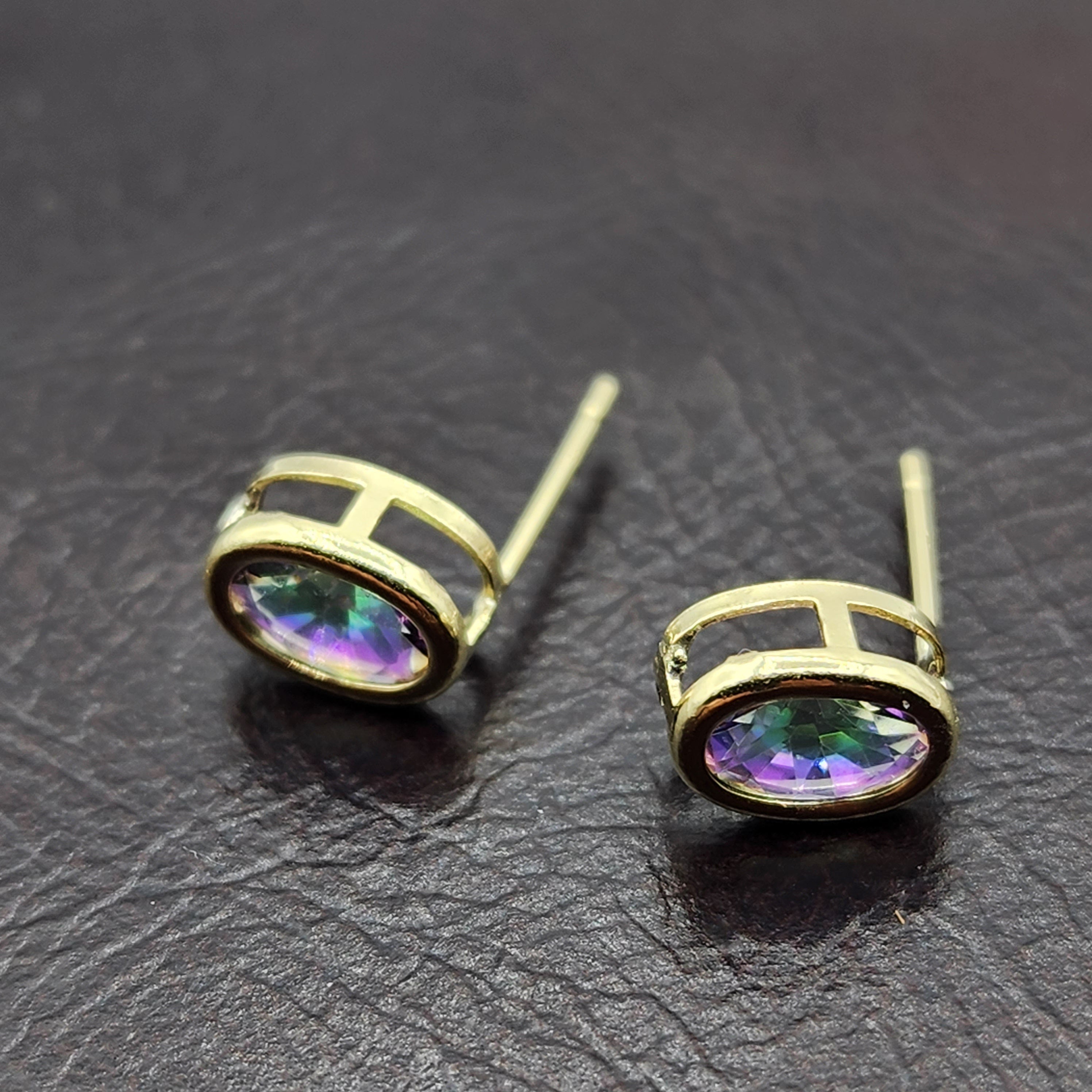 Gold Mystic Topaz Bezel Stud Earrings, 14K Yellow Gold Genuine Mystic Topaz 8x6mm Earrings, Bezel Gemstone Earrings For Women