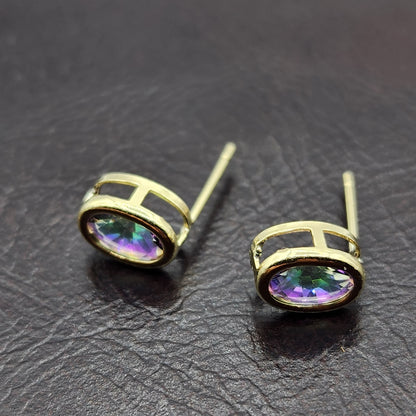 Gold Mystic Topaz Bezel Stud Earrings, 14K Yellow Gold Genuine Mystic Topaz 8x6mm Earrings, Bezel Gemstone Earrings For Women