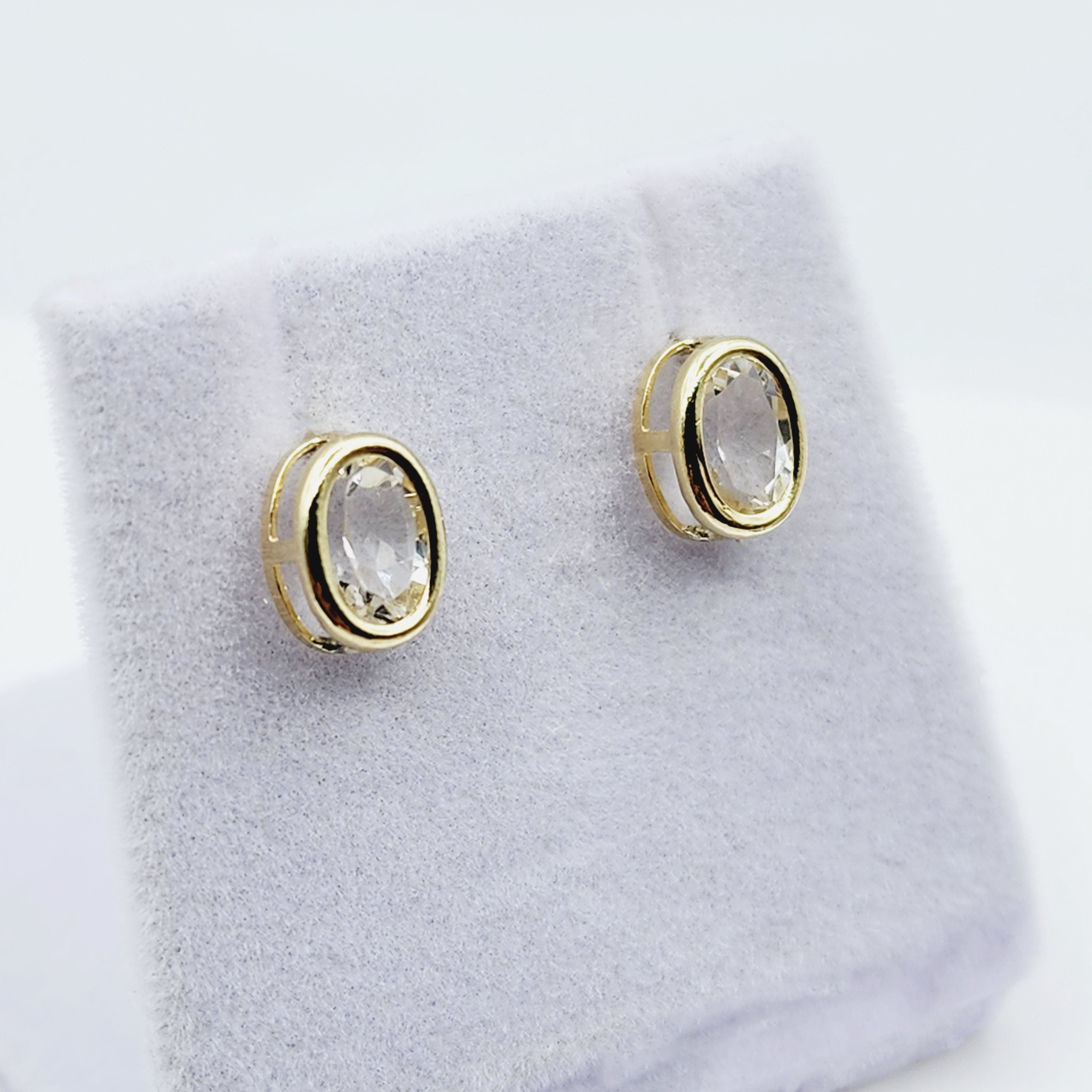 Gold White Topaz Bezel Earrings, 14K Yellow Gold Genuine White Topaz 8x6mm Earrings, Bezel Earrings For Women, Precious Stone Earrings