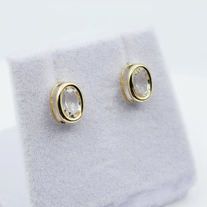 Gold White Topaz Bezel Earrings, 14K Yellow Gold Genuine White Topaz 8x6mm Earrings, Bezel Earrings For Women, Precious Stone Earrings