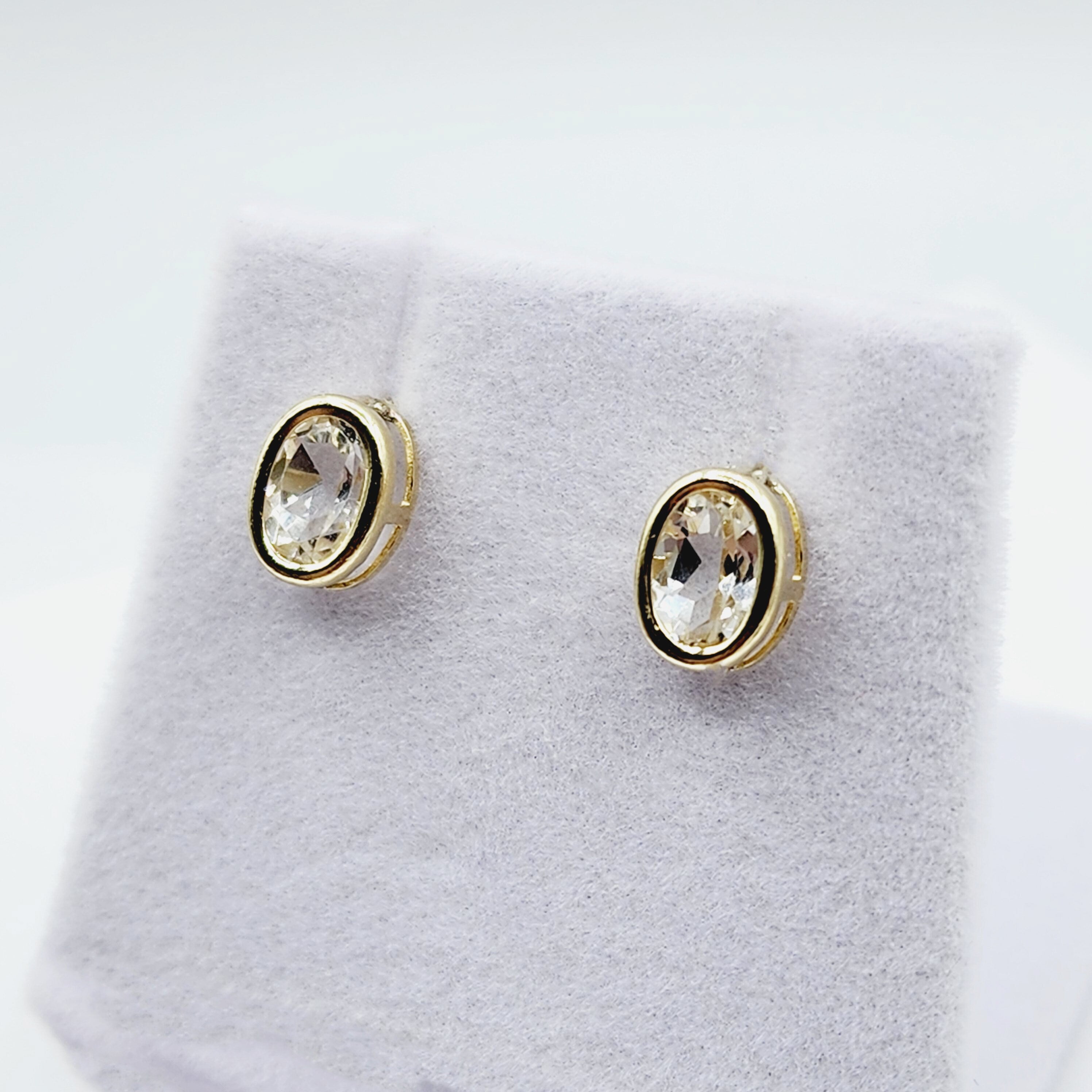 Gold White Topaz Bezel Earrings, 14K Yellow Gold Genuine White Topaz 8x6mm Earrings, Bezel Earrings For Women, Precious Stone Earrings