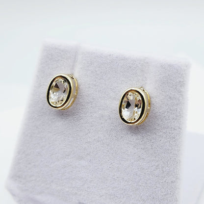 Gold White Topaz Bezel Earrings, 14K Yellow Gold Genuine White Topaz 8x6mm Earrings, Bezel Earrings For Women, Precious Stone Earrings