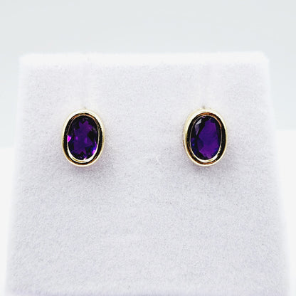 Gold Amethyst Bezel Earrings, 14K Yellow Gold Genuine Amethyst 8x6mm Earrings, Bezel Earrings For Women, Purple Stone Women's Earrings