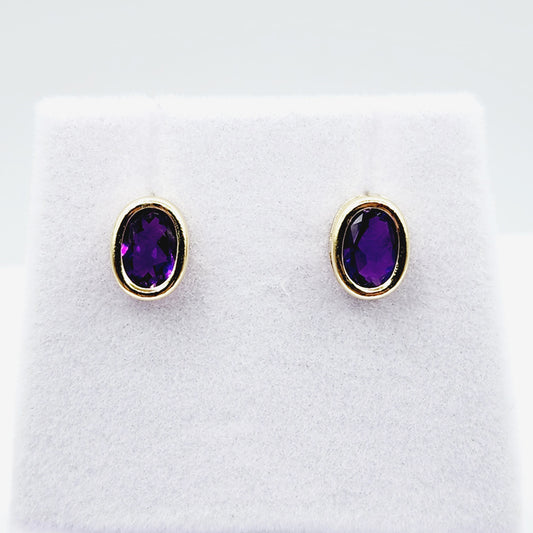 Gold Amethyst Bezel Earrings, 14K Yellow Gold Genuine Amethyst 8x6mm Earrings, Bezel Earrings For Women, Purple Stone Women's Earrings