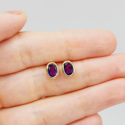 Gold Amethyst Bezel Earrings, 14K Yellow Gold Genuine Amethyst 8x6mm Earrings, Bezel Earrings For Women, Purple Stone Women's Earrings