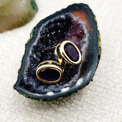 Gold Amethyst Bezel Earrings, 14K Yellow Gold Genuine Amethyst 8x6mm Earrings, Bezel Earrings For Women, Purple Stone Women's Earrings