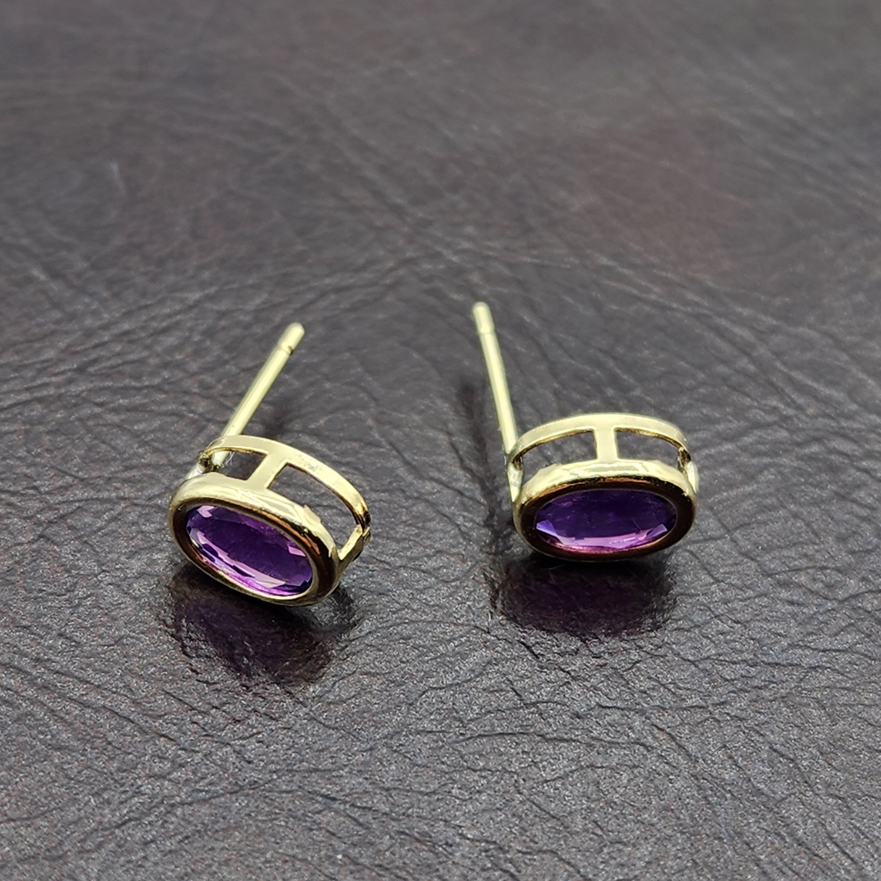 Gold Amethyst Bezel Earrings, 14K Yellow Gold Genuine Amethyst 8x6mm Earrings, Bezel Earrings For Women, Purple Stone Women's Earrings