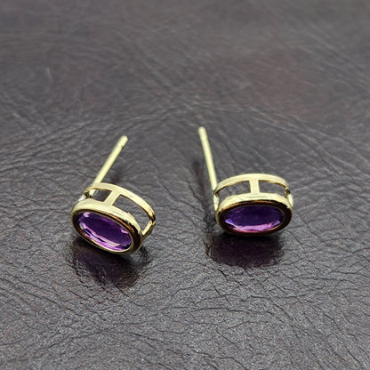 Gold Amethyst Bezel Earrings, 14K Yellow Gold Genuine Amethyst 8x6mm Earrings, Bezel Earrings For Women, Purple Stone Women's Earrings