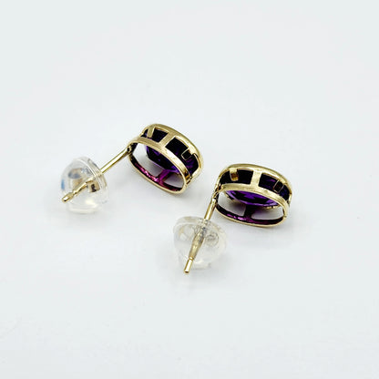 Gold Amethyst Bezel Earrings, 14K Yellow Gold Genuine Amethyst 8x6mm Earrings, Bezel Earrings For Women, Purple Stone Women's Earrings