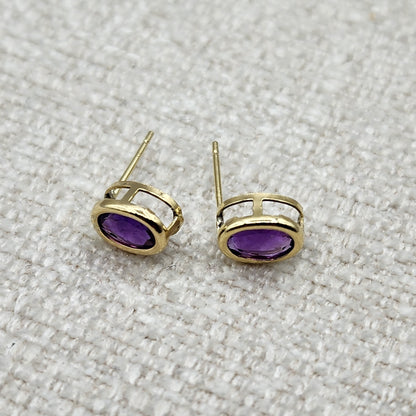 Gold Amethyst Bezel Earrings, 14K Yellow Gold Genuine Amethyst 8x6mm Earrings, Bezel Earrings For Women, Purple Stone Women's Earrings