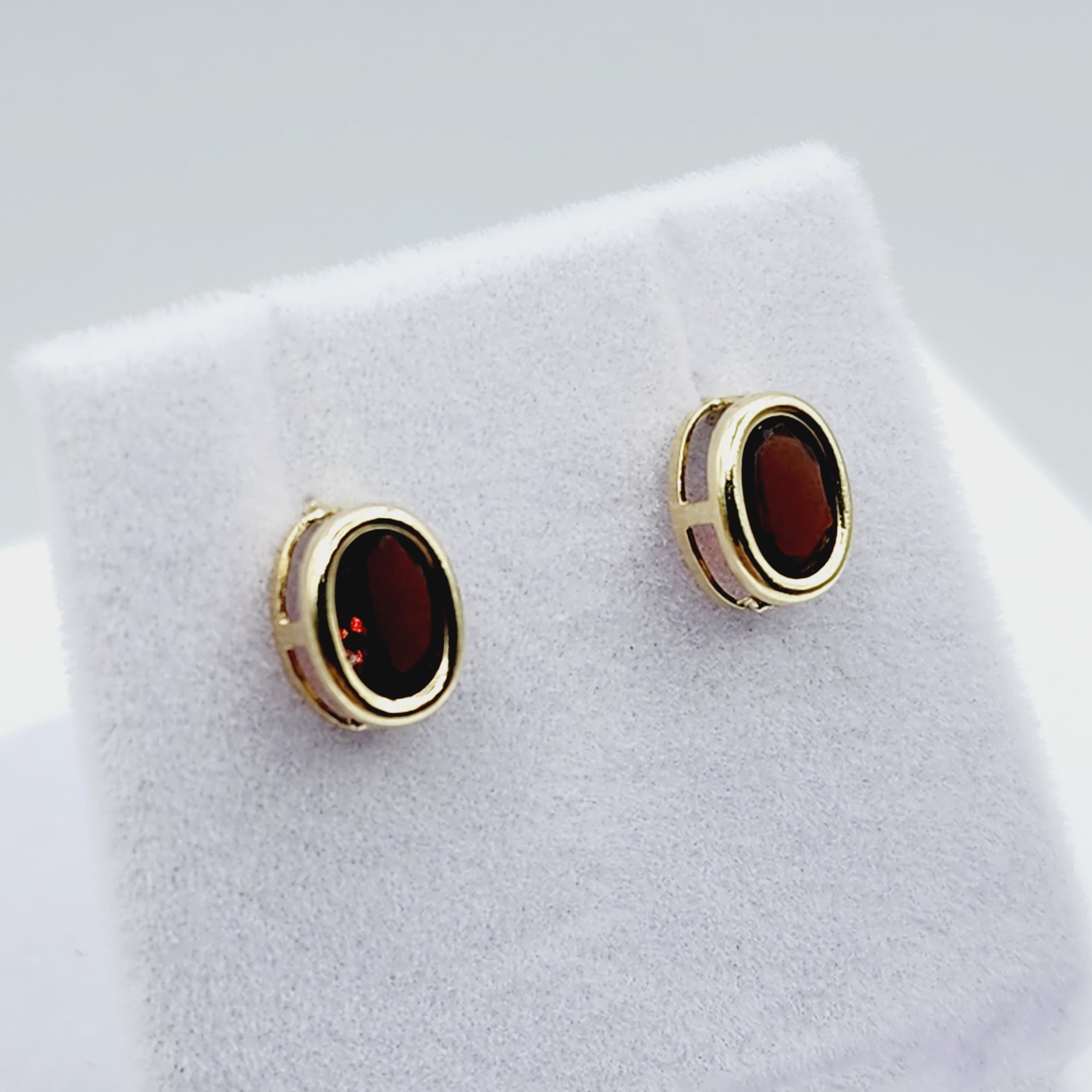 Gold Garnet Bezel Earrings, 14K Yellow Gold Genuine Red Garnet 8x6mm Earrings, Bezel Earrings For Women, January Birthstone Women's Earrings