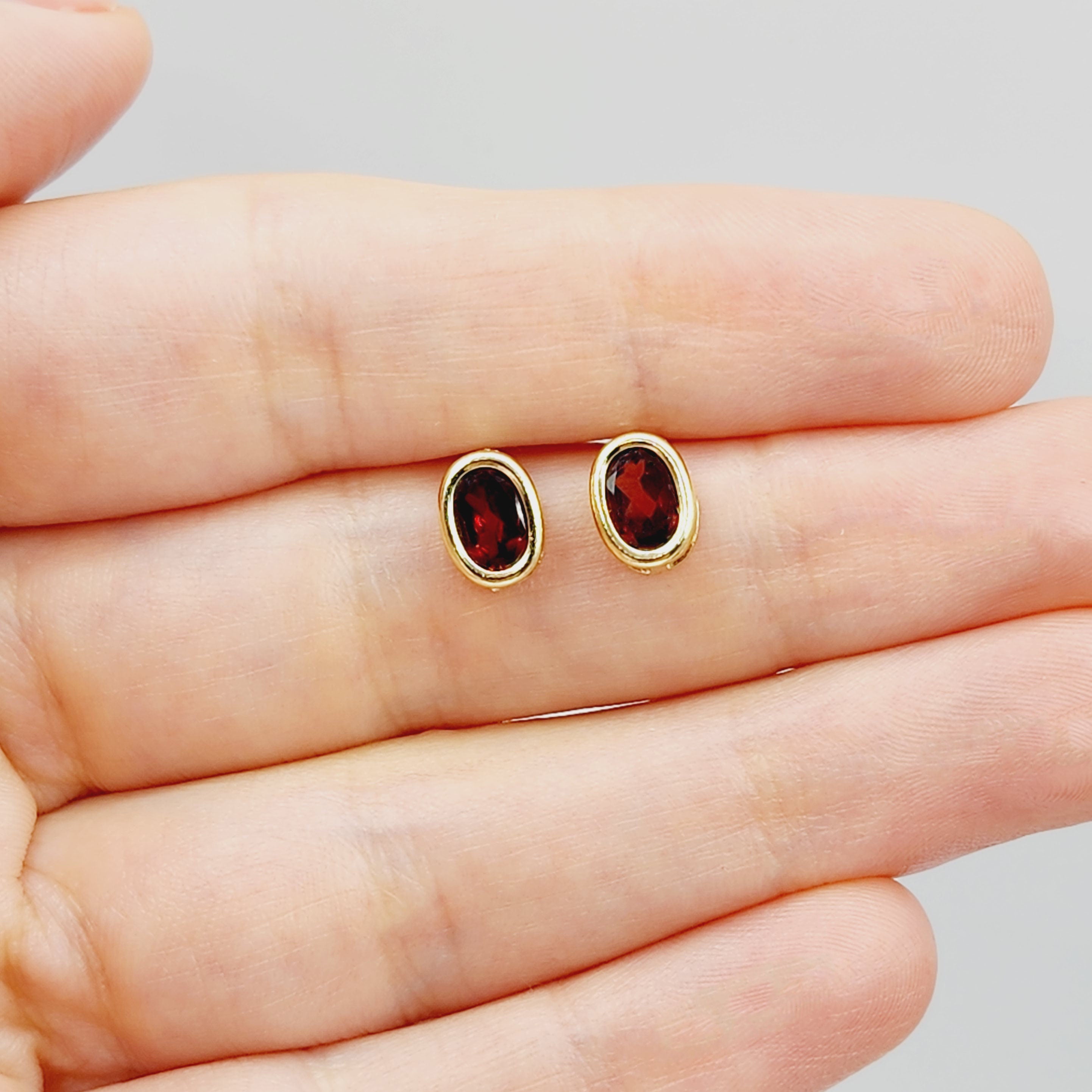 Gold Garnet Bezel Earrings, 14K Yellow Gold Genuine Red Garnet 8x6mm Earrings, Bezel Earrings For Women, January Birthstone Women's Earrings