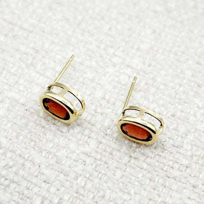 Gold Garnet Bezel Earrings, 14K Yellow Gold Genuine Red Garnet 8x6mm Earrings, Bezel Earrings For Women, January Birthstone Women's Earrings
