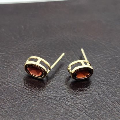 Gold Garnet Bezel Earrings, 14K Yellow Gold Genuine Red Garnet 8x6mm Earrings, Bezel Earrings For Women, January Birthstone Women's Earrings