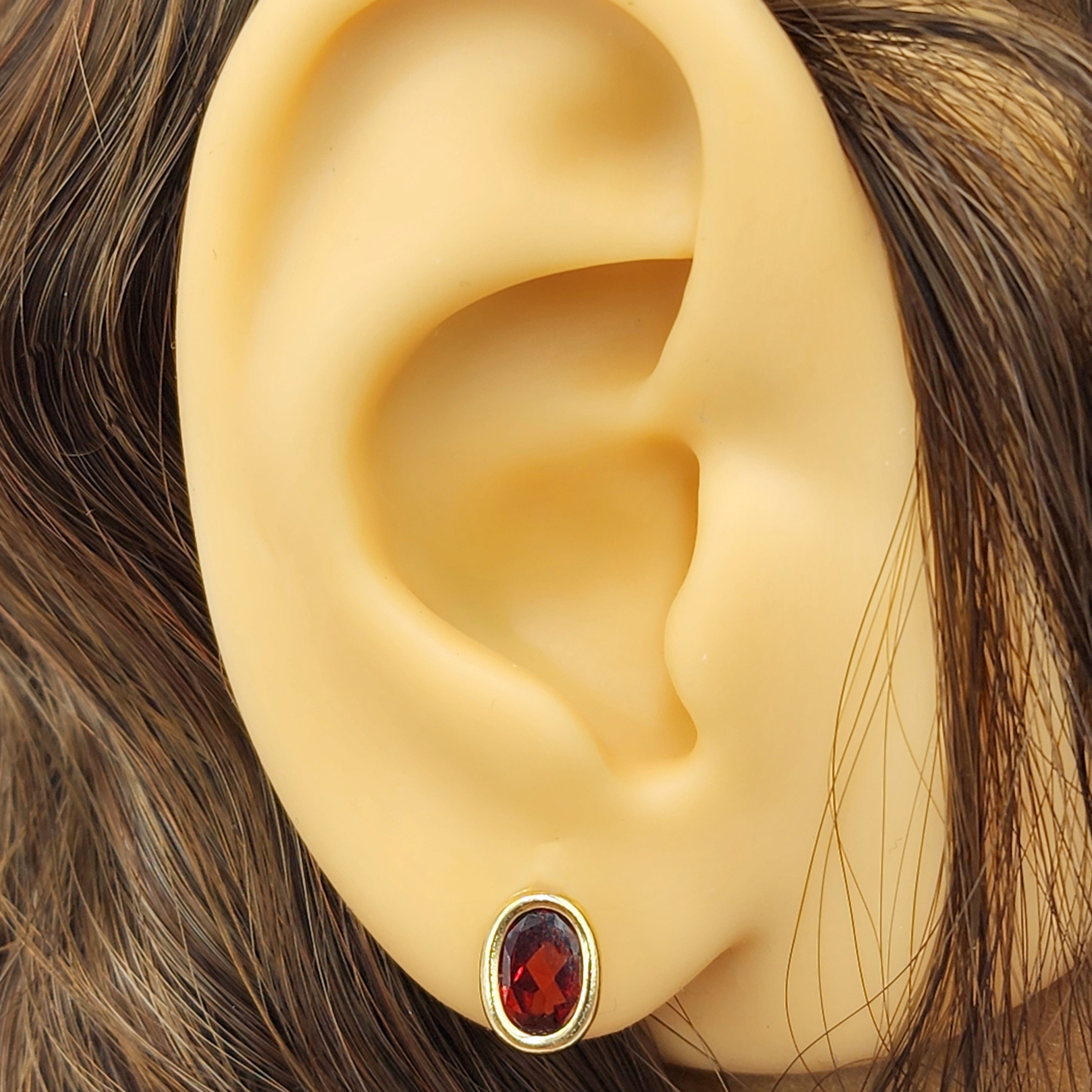 Gold Garnet Bezel Earrings, 14K Yellow Gold Genuine Red Garnet 8x6mm Earrings, Bezel Earrings For Women, January Birthstone Women's Earrings