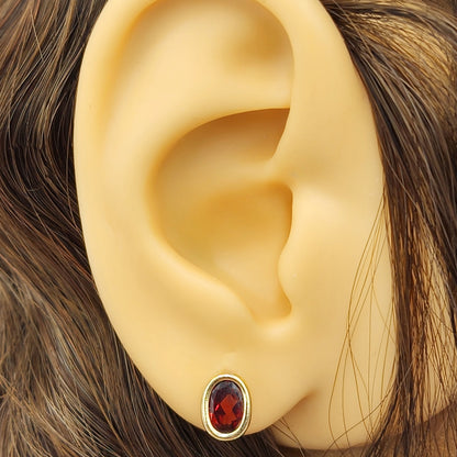 Gold Garnet Bezel Earrings, 14K Yellow Gold Genuine Red Garnet 8x6mm Earrings, Bezel Earrings For Women, January Birthstone Women's Earrings