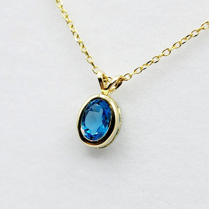 Gold Blue Topaz Pendant Necklace, 14K Yellow Gold Genuine Oval Blue Topaz 8x6mm Bezel Pendant Necklace, Affordable Jewelry